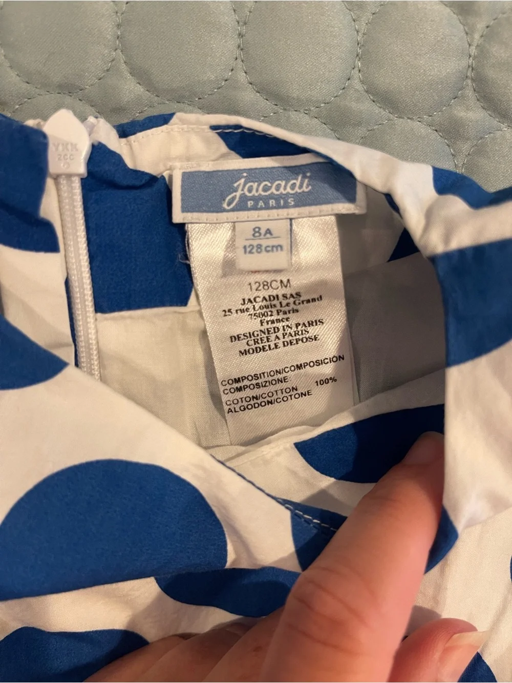Jacadi White Dress Bold Blue Polka Dots French Scallop Cap Sleeve Sz 6 128cm